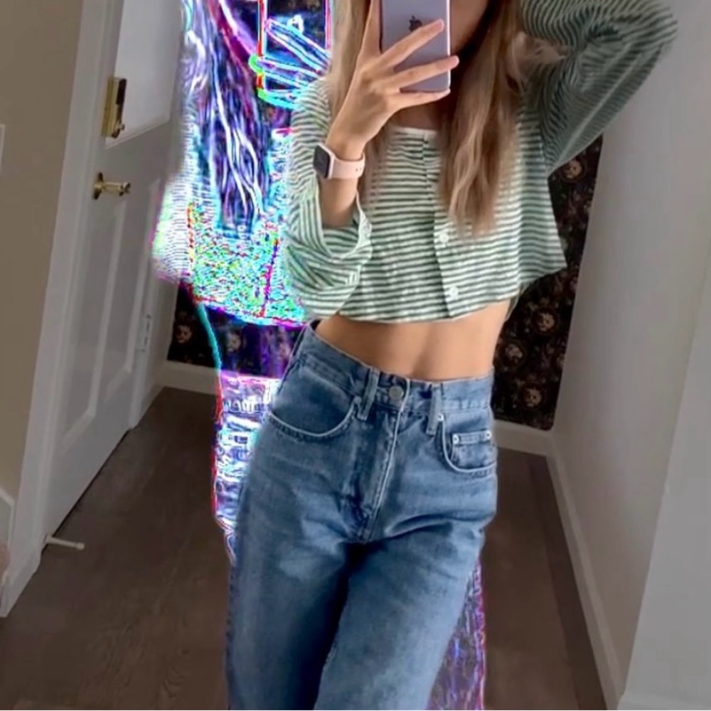 OAK + FORT Green Striped Crop Top